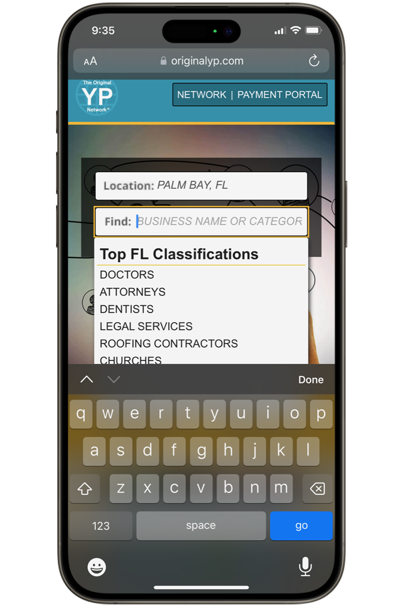 iPhone mockup of autosuggestions on OYP