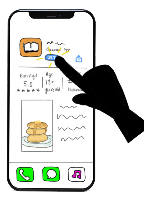 Drawing of a finger clicking 'Get' on an app store page