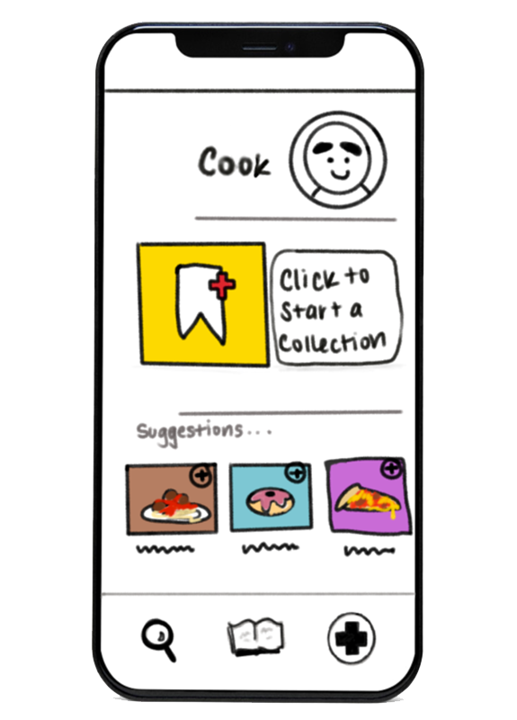 Drawing of an app screen with Cook and 'Click to start a collection' on it